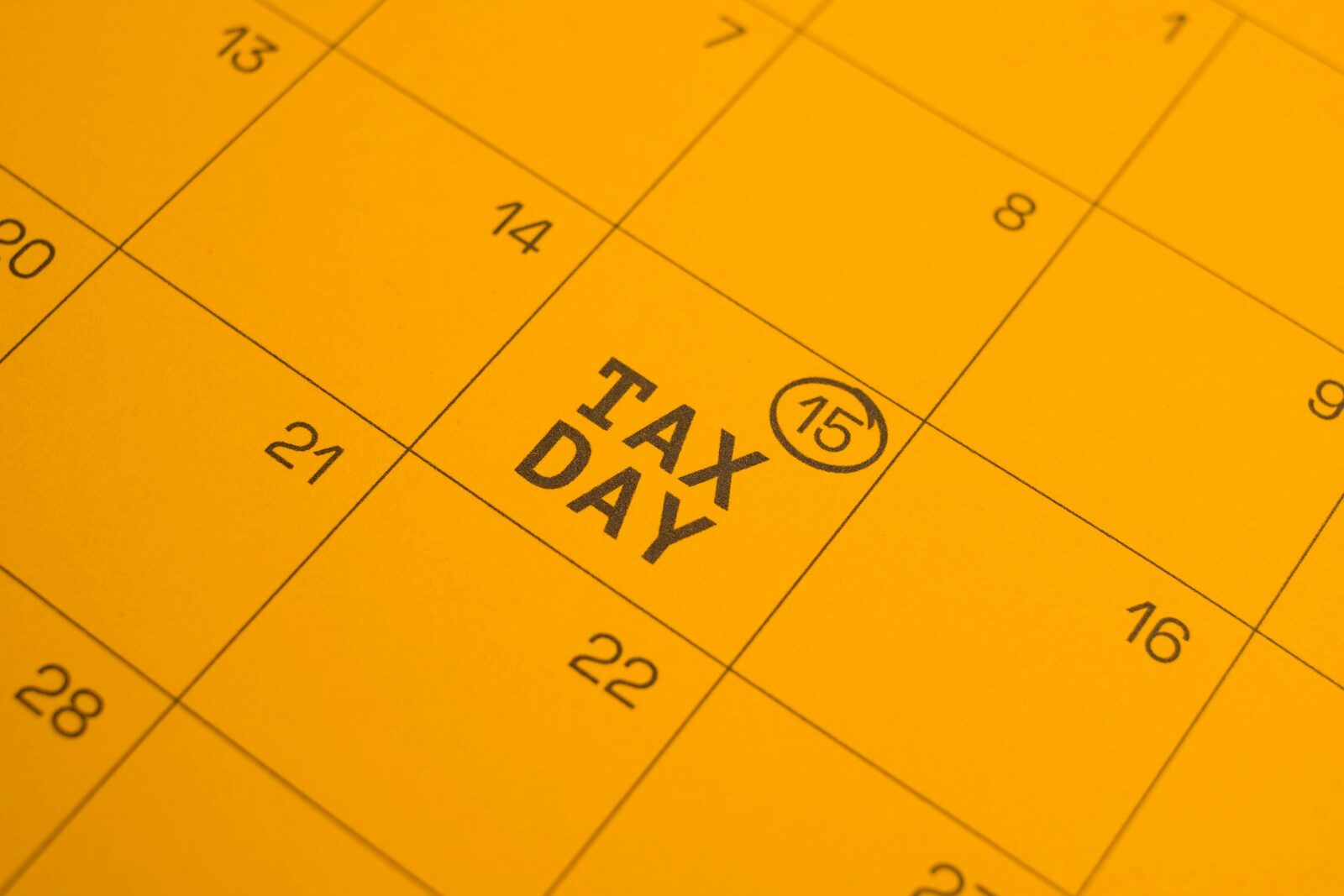 Calendar shows "tax day" circled on the 15th.